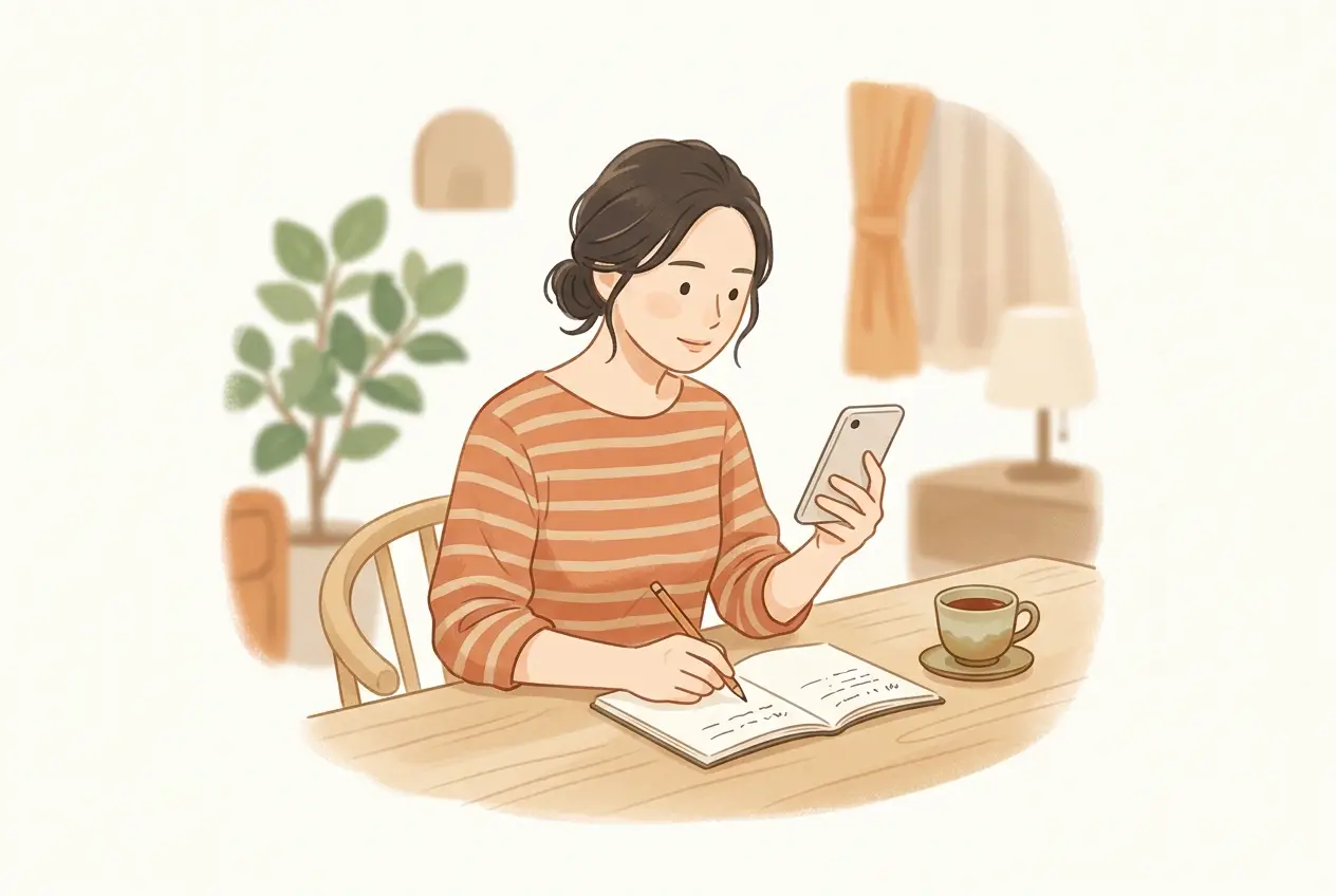 食卓でスマートフォンの料金のページを見ながら、ノートに1か月の金額を書き出している女性