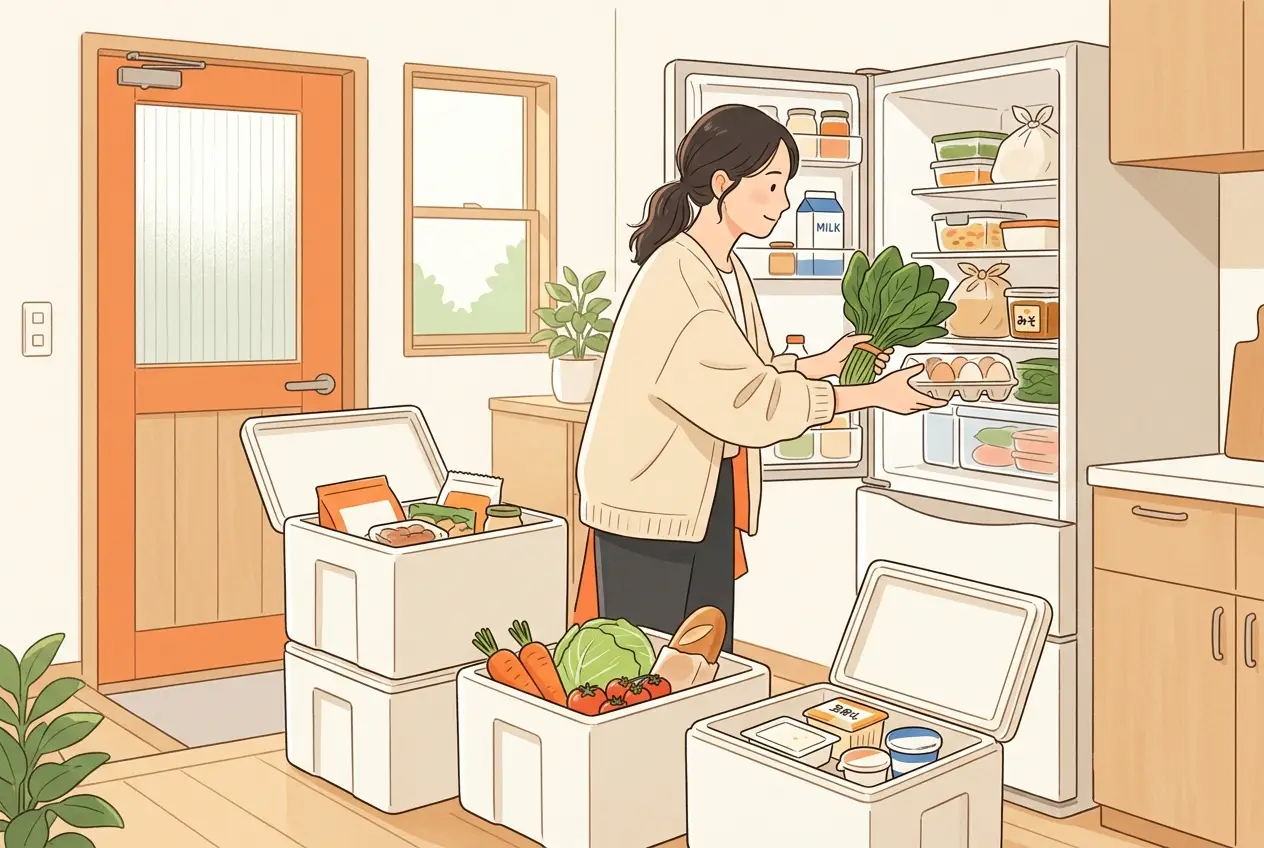 玄関先に置かれた保冷箱から、食材を冷蔵庫へ移している女性