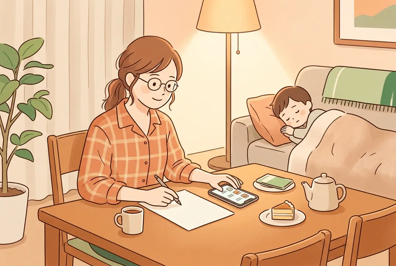 子どもが寝たあと、スマートフォンで手数料の表と来週の注文を見比べている女性