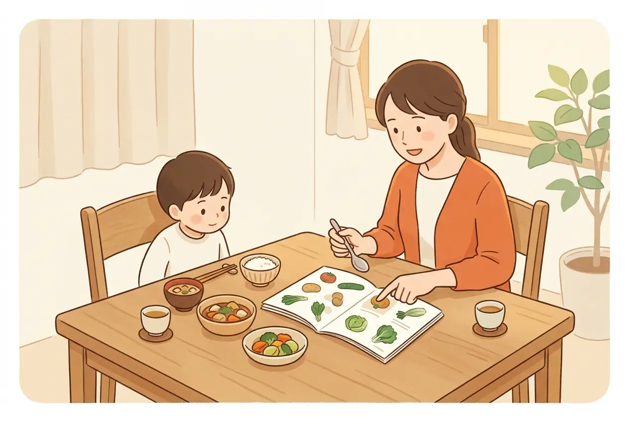 食卓で子どもと夕食を食べながら、届いたカタログを一緒に眺めている母親