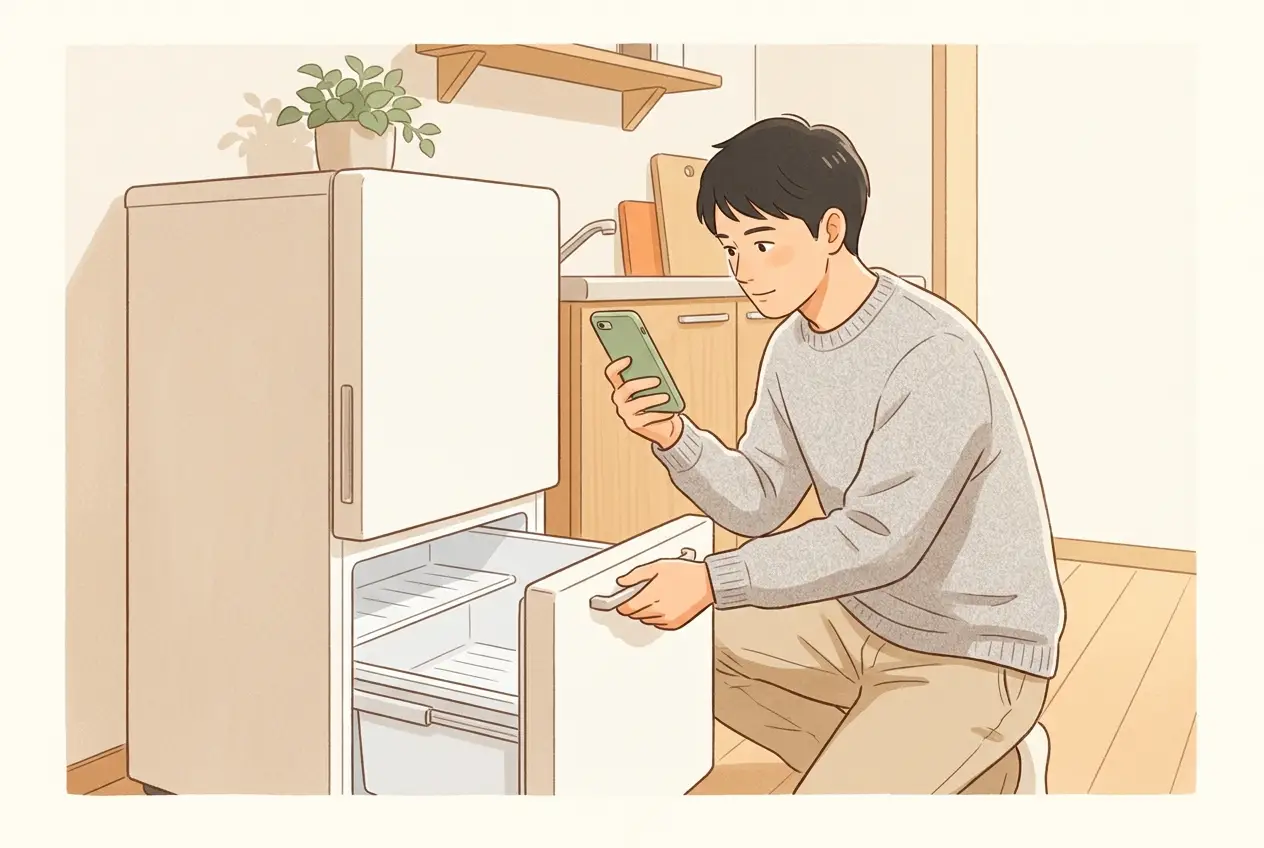 ワンルームの小さな冷蔵庫の冷凍室を開けて、空いている段をスマートフォンで撮っている男性