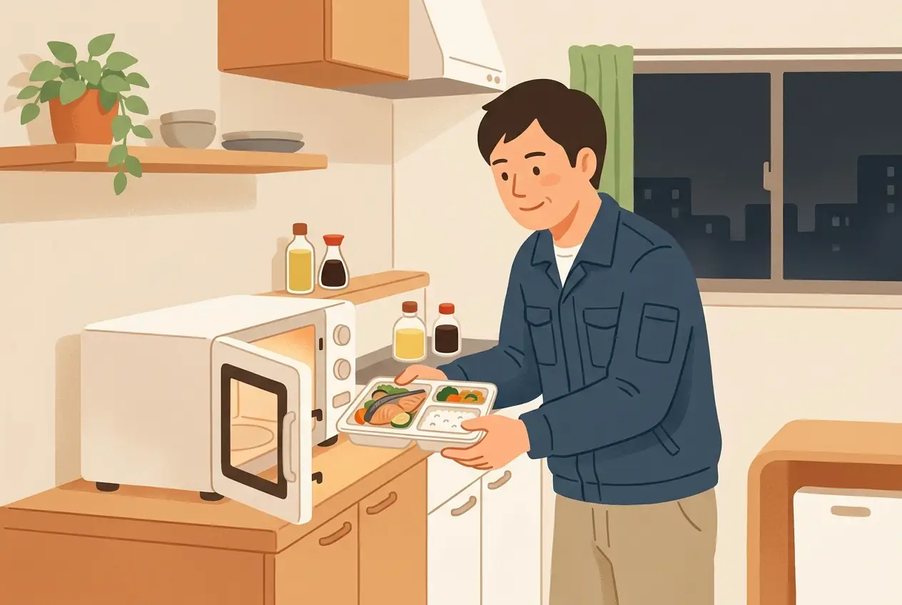 夜遅くに帰宅した男性が、ワンルームの台所で電子レンジから冷凍弁当を取り出している