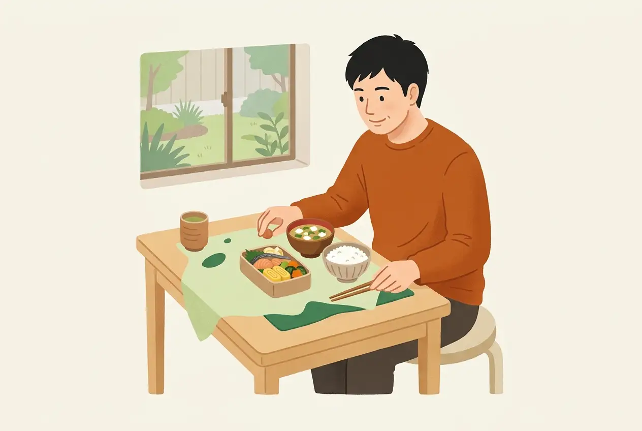 男性がテーブルで、温めた冷凍弁当の横に茶わんのご飯とみそ汁を並べている