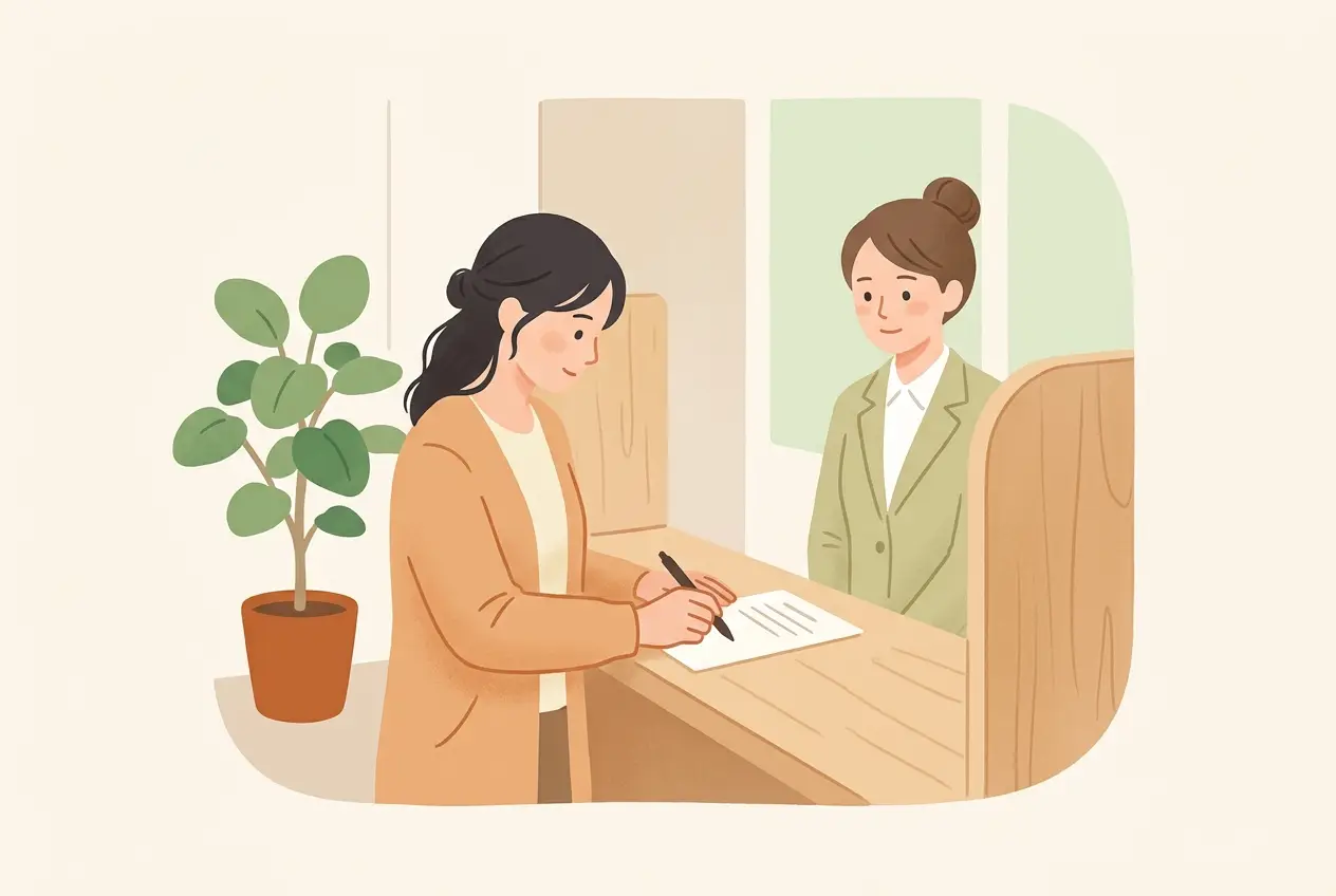 市役所の窓口で、女性が転出届の用紙に記入している