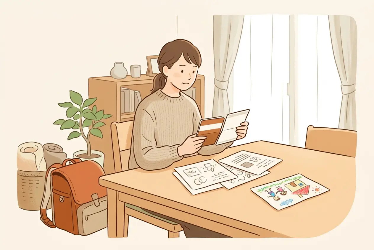 リビングのテーブルで、女性が児童手当の書類と通帳を見比べている
