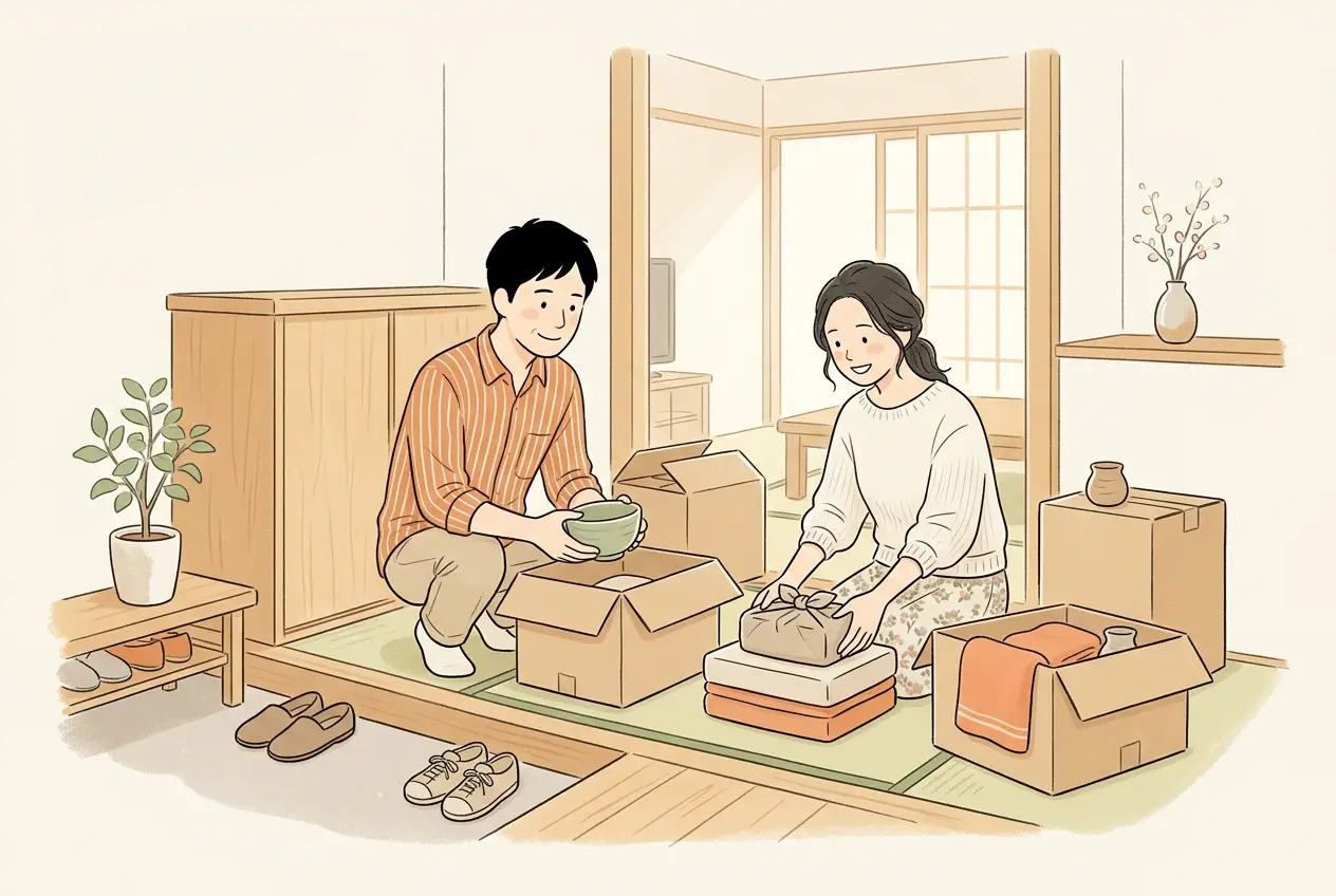段ボールが並ぶ玄関で、帰ってきた夫と妻が荷物を片づけている