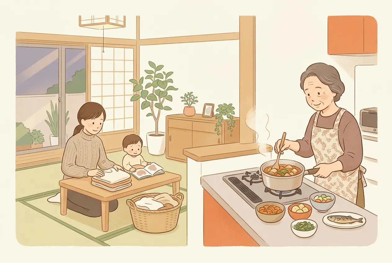 台所で年配の女性が夕食を作り、その横で母親が子どもと一緒に洗濯物をたたんでいる