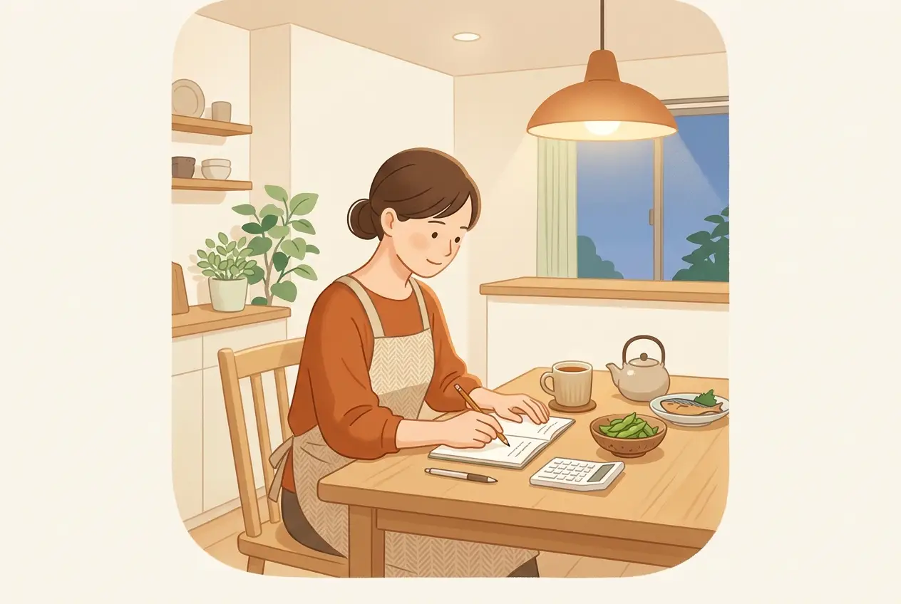 食卓で母親が電卓と家計簿を前に、月の費用を書き出している