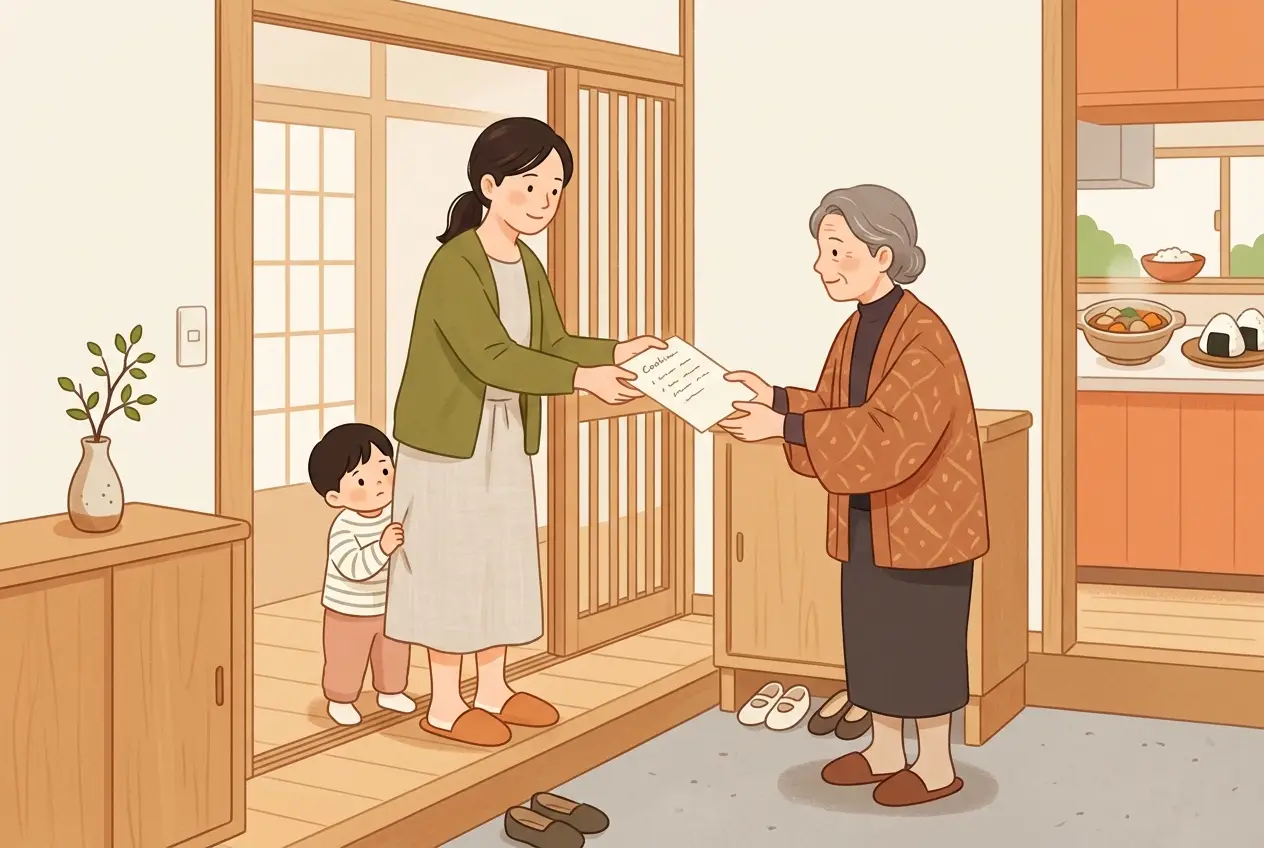 玄関で母親が、初めて訪れた年配の女性に台所の使い方を書いた紙を手渡している