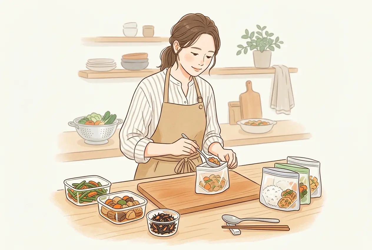 台所で、作ったおかずを1食ずつ保存袋に分けている女性