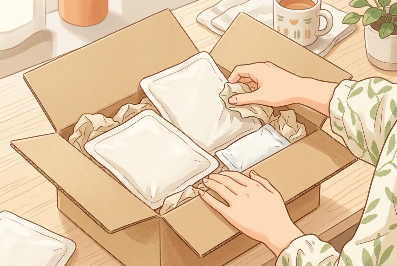 段ボール箱に凍ったおかずの袋と保冷剤を詰めている手元
