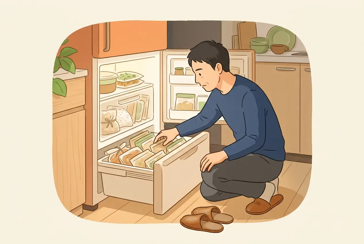 単身赴任先の台所で、冷凍室に入ったおかずの数を数えている男性