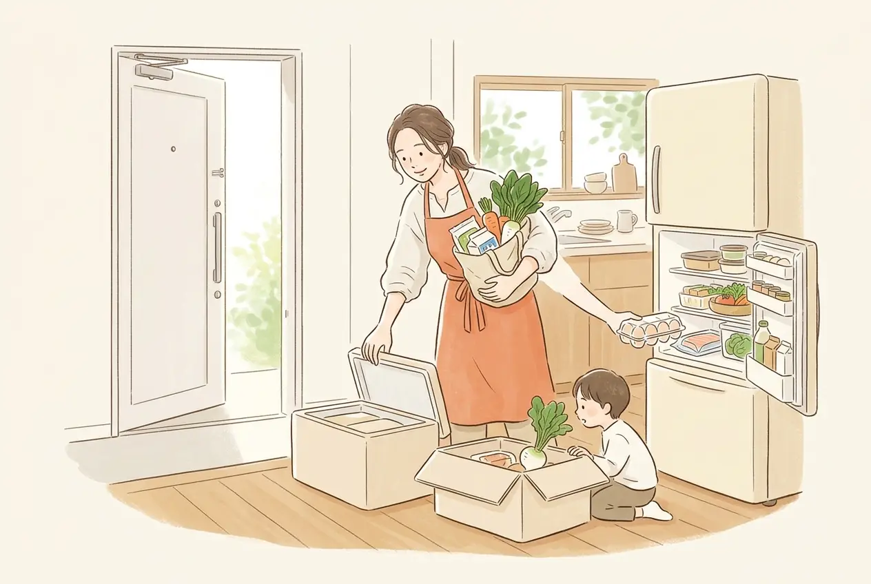 玄関先に届いた保冷箱から、食材を冷蔵庫へ移している女性