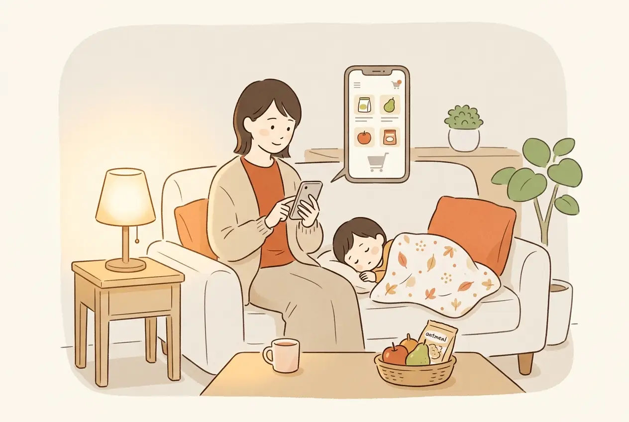子どもが寝たあと、スマートフォンで翌週の食材を選んでいる女性