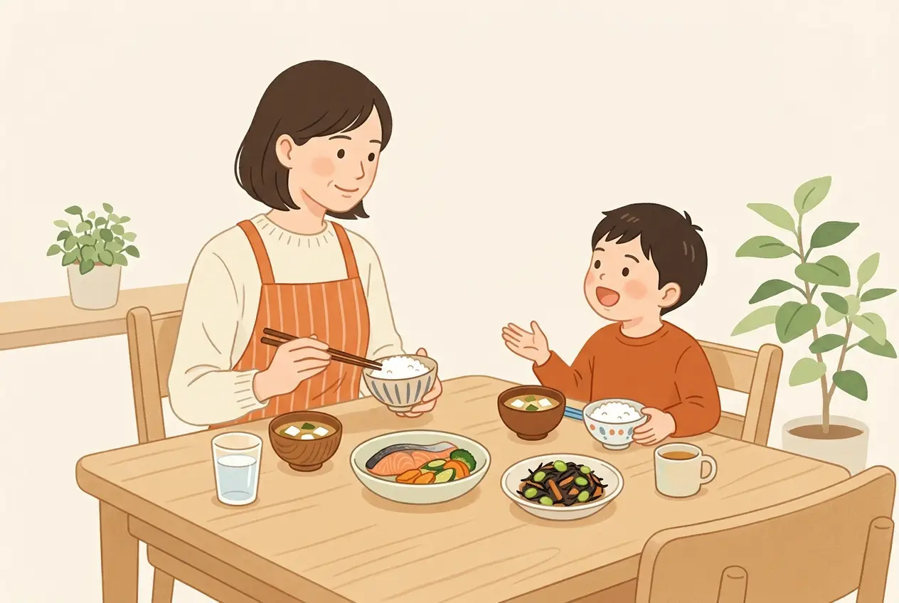 食卓で子どもと夕食を食べながら、翌週の献立を一緒に考えている母親