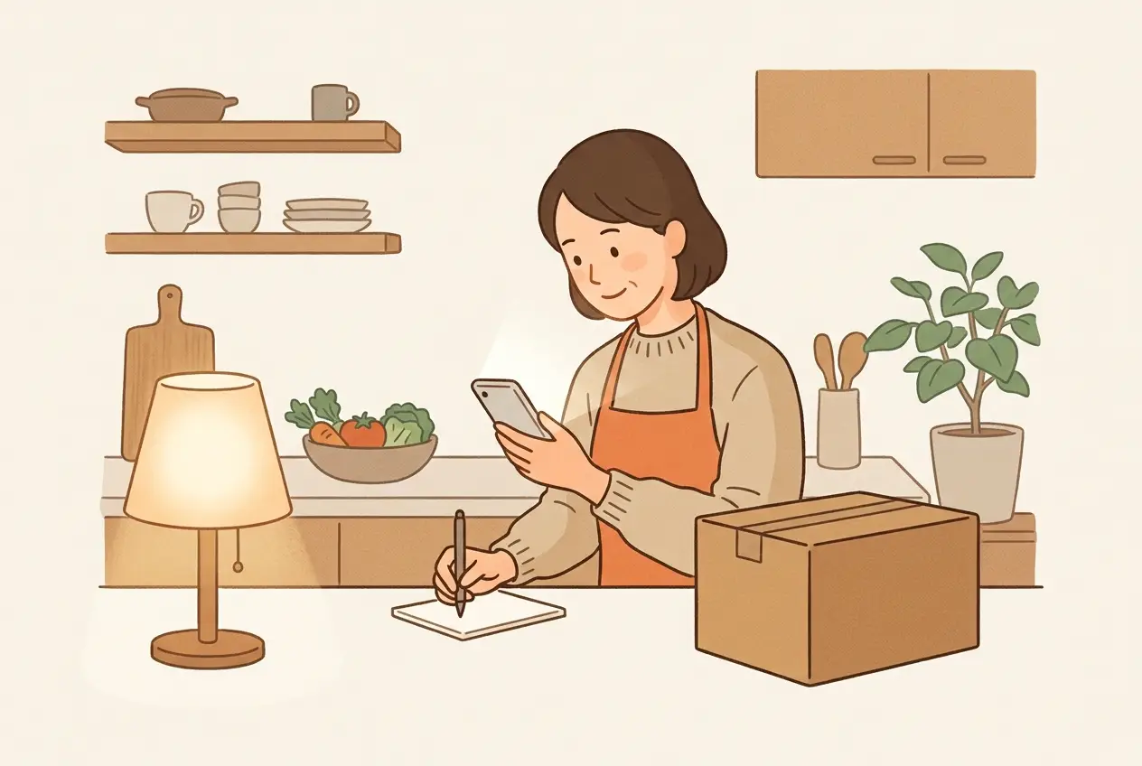 夜の台所で、スマートフォンの宅食の届け先の画面を見ながらメモを取っている女性