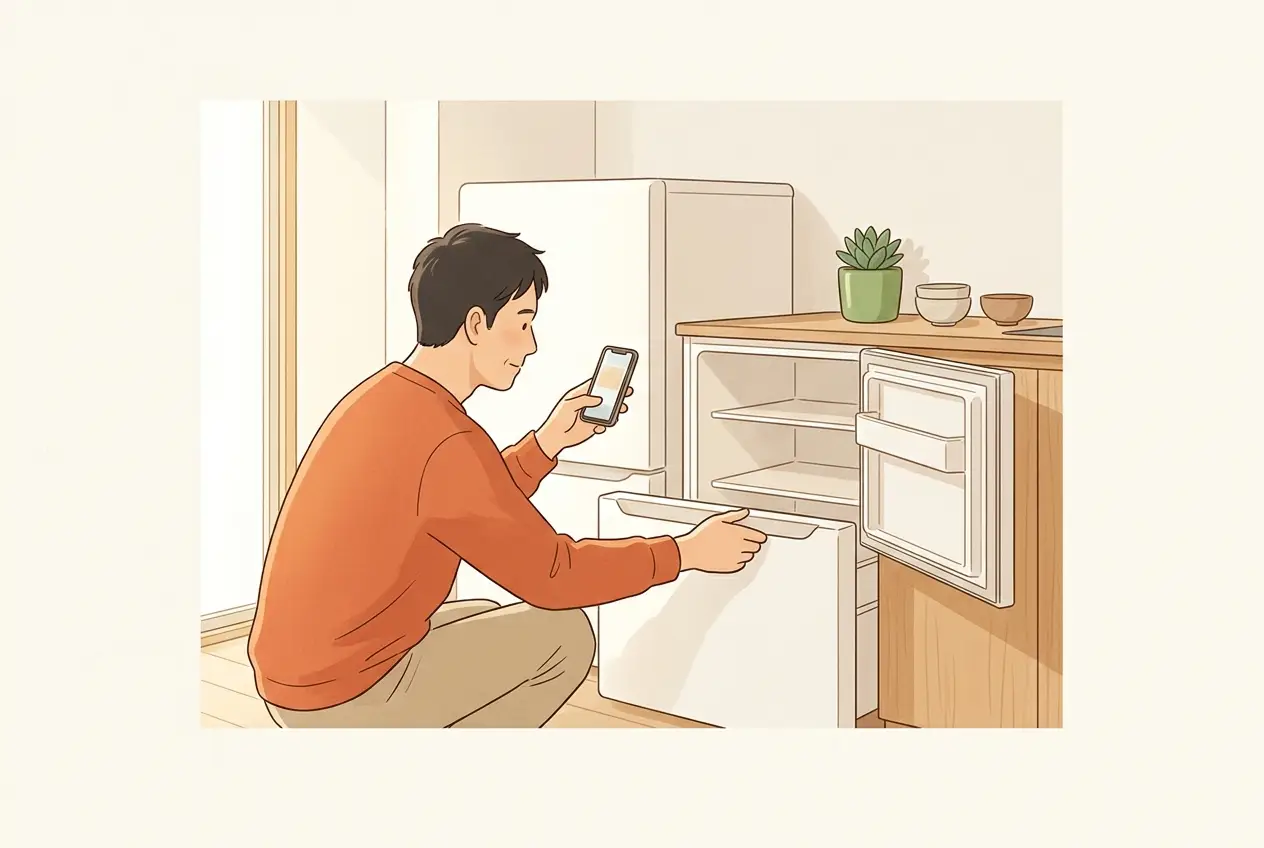 赴任先の小さな冷蔵庫の冷凍室の引き出しを開けて、空きをスマートフォンで撮っている男性