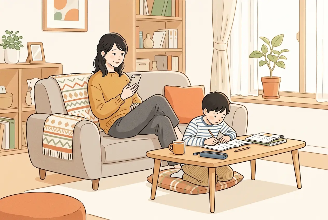 夕方のリビングで、子どもの宿題を見ながらスマートフォンで宅食の候補を2つに絞っている女性
