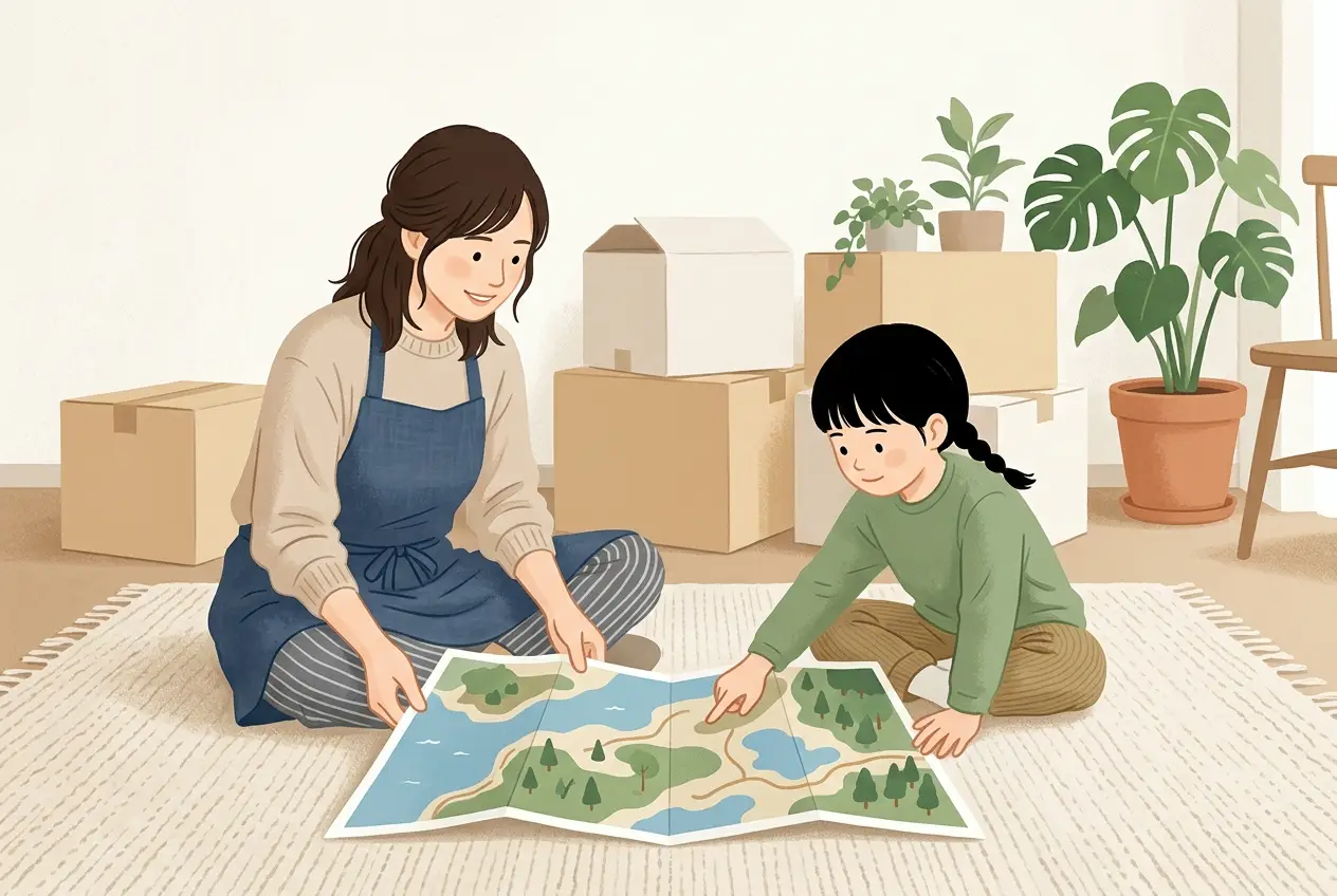 リビングで小学生の子どもと母親が、地図を見ながら引っ越しについて話している