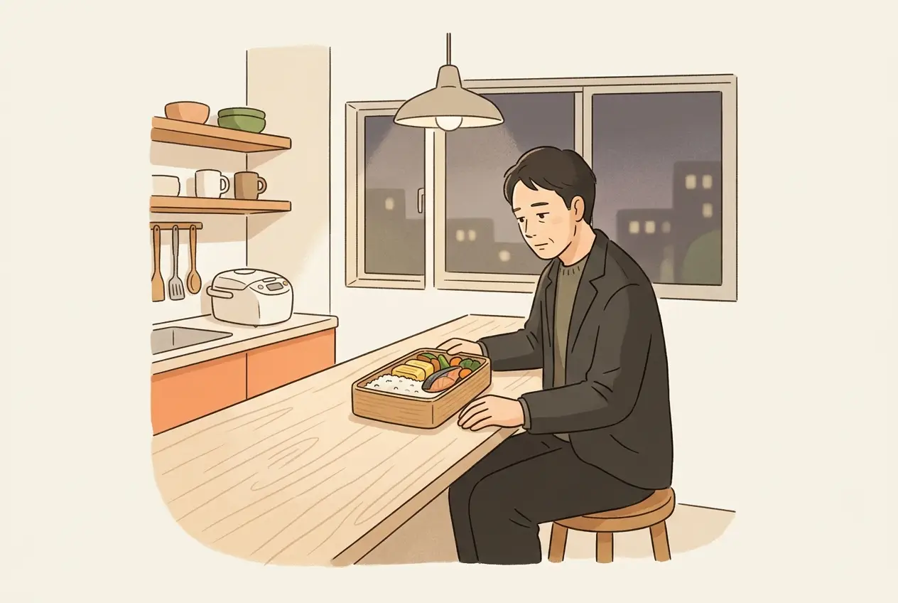 夜のアパートの台所で、コンビニの弁当を前に一人で座っている中年の男性