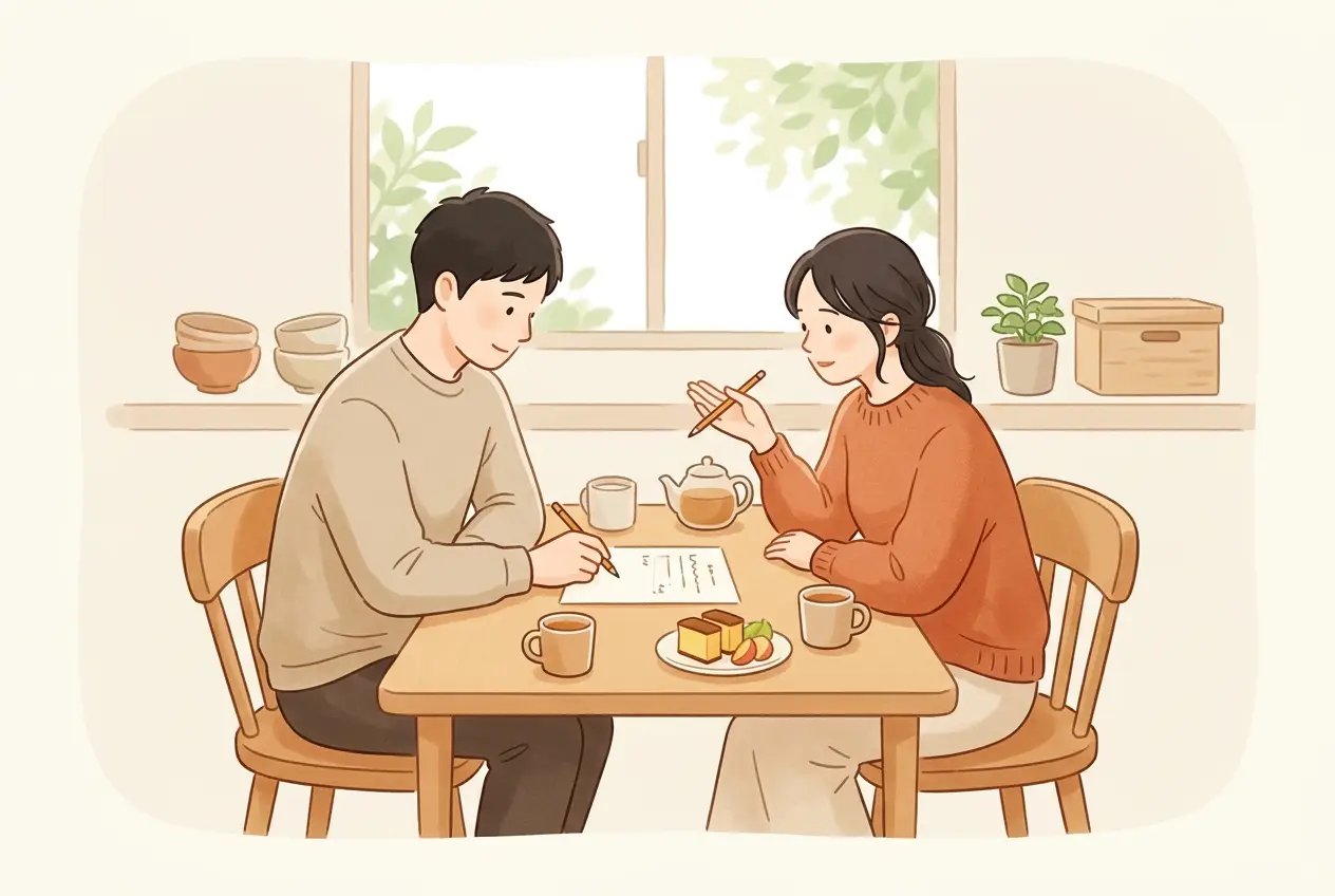 食卓で夫婦が向かい合い、紙に家の事情を書き出しながら単身赴任か帯同かを話し合っている