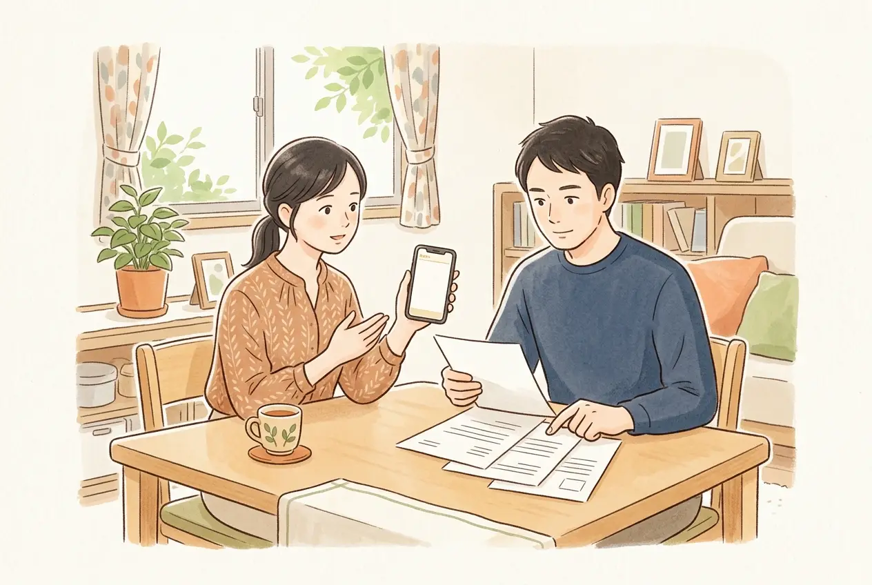 リビングで妻がスマホのメモを見せ、夫が赴任の規程の書類を確かめている
