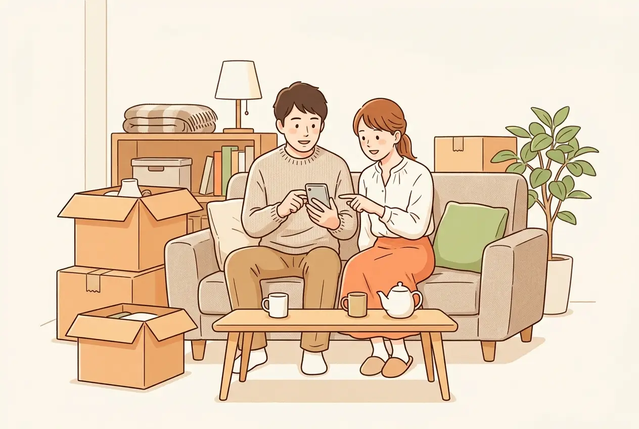 リビングで夫婦がスマートフォンの準備リストを見ながら、赴任先に持たせる物を話し合っている