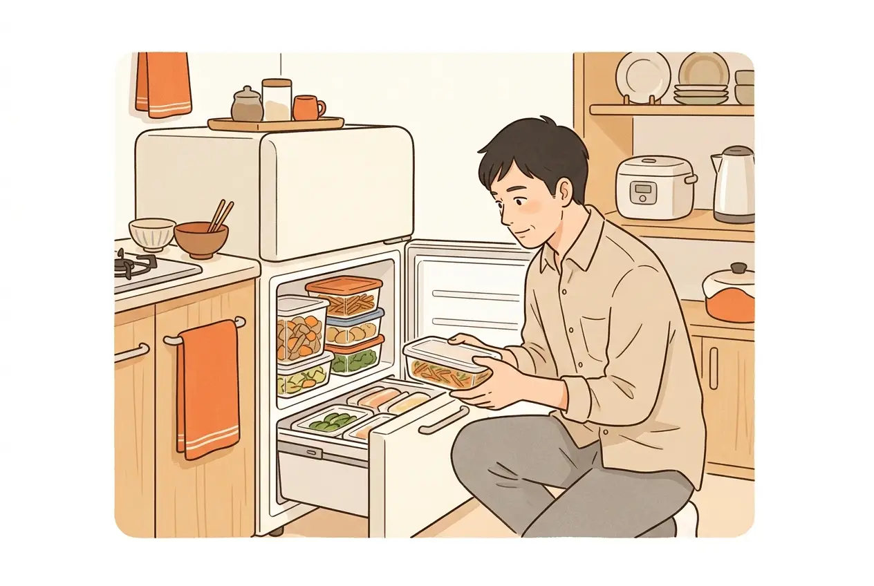 ワンルームの小さな冷蔵庫の冷凍室を開け、保存容器のおかずが入るかを確かめている男性