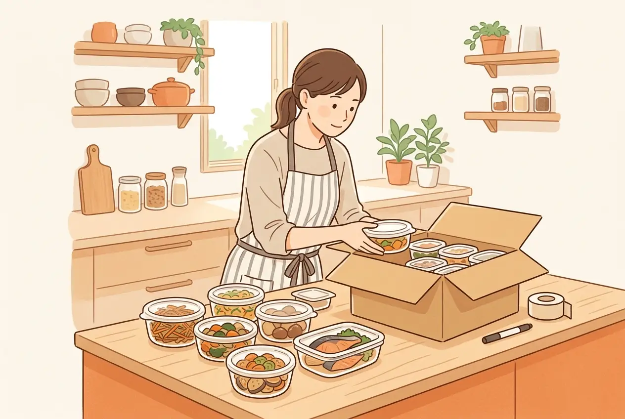 週末の台所で、女性が作ったおかずを冷凍用の容器に詰め、段ボール箱に並べている
