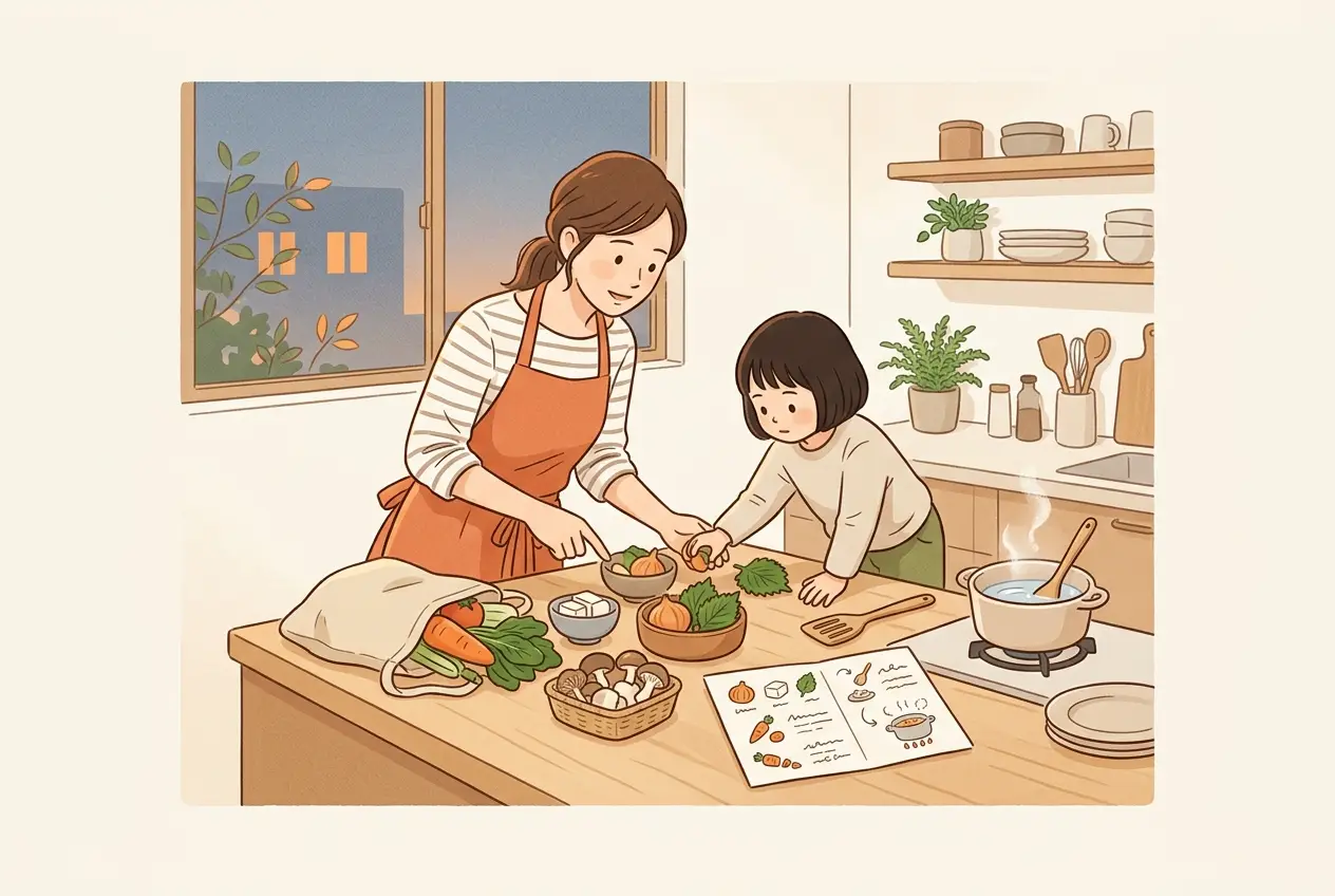 夕方の台所で、母親が届いた食材とレシピを広げ、子どもと一緒に夕食の支度をしている