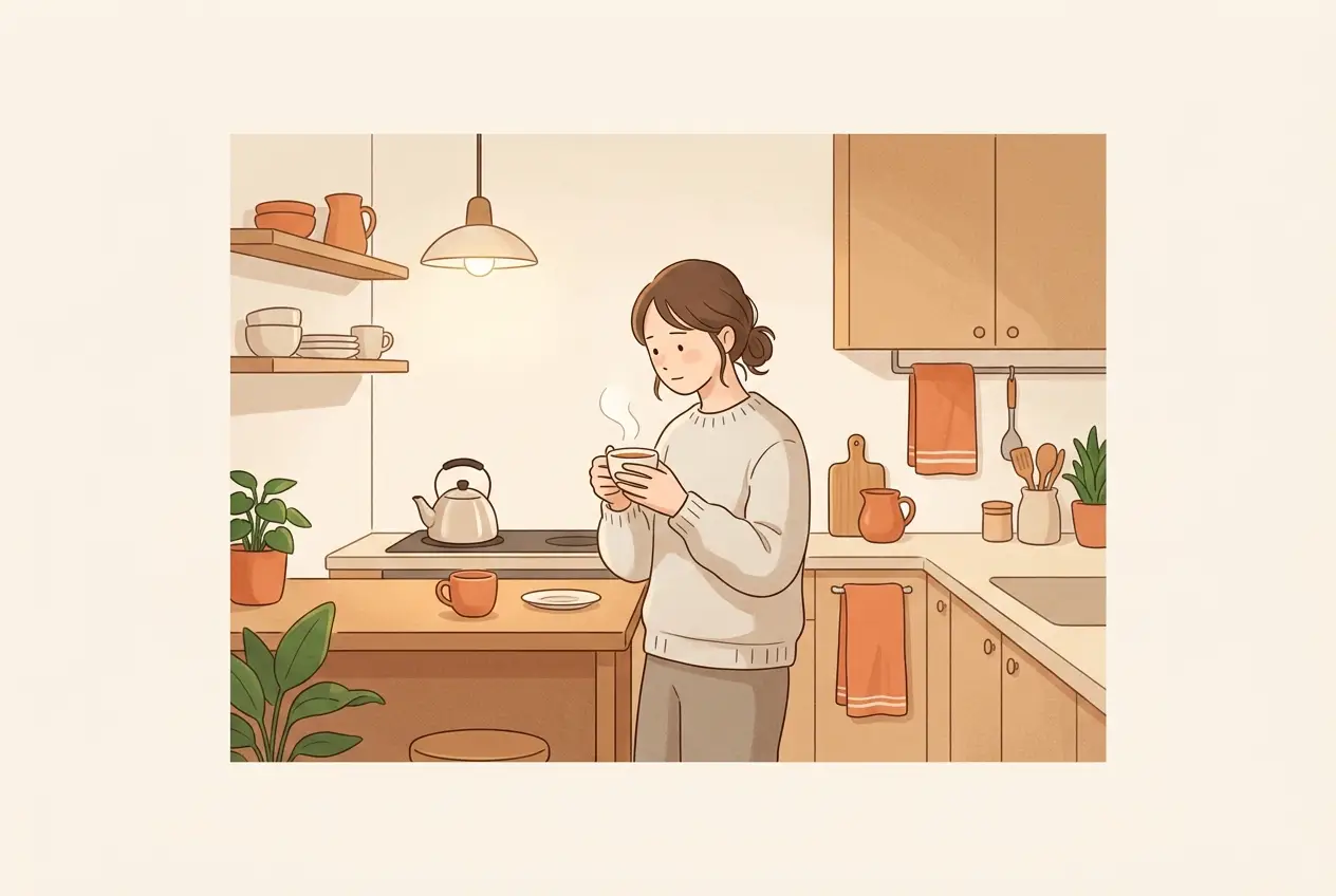 子どもが寝たあとの台所で、ひとりでお茶を飲みながら考えごとをしている女性