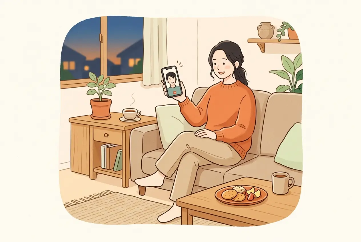 週末の夜、リビングでスマートフォンのビデオ通話越しに夫と落ち着いて話している女性