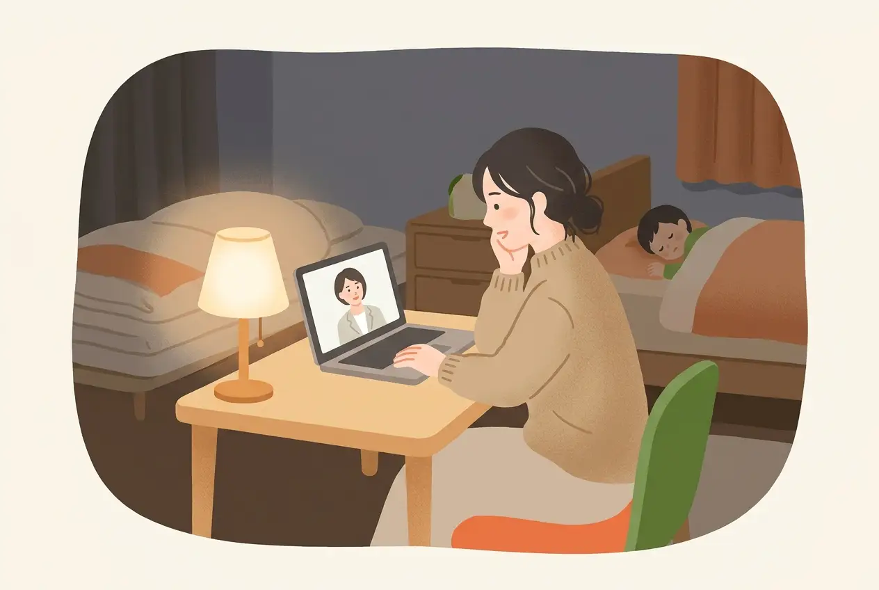 子どもが寝たあとの寝室の隅で、ノートパソコンに向かってオンラインで相談している女性