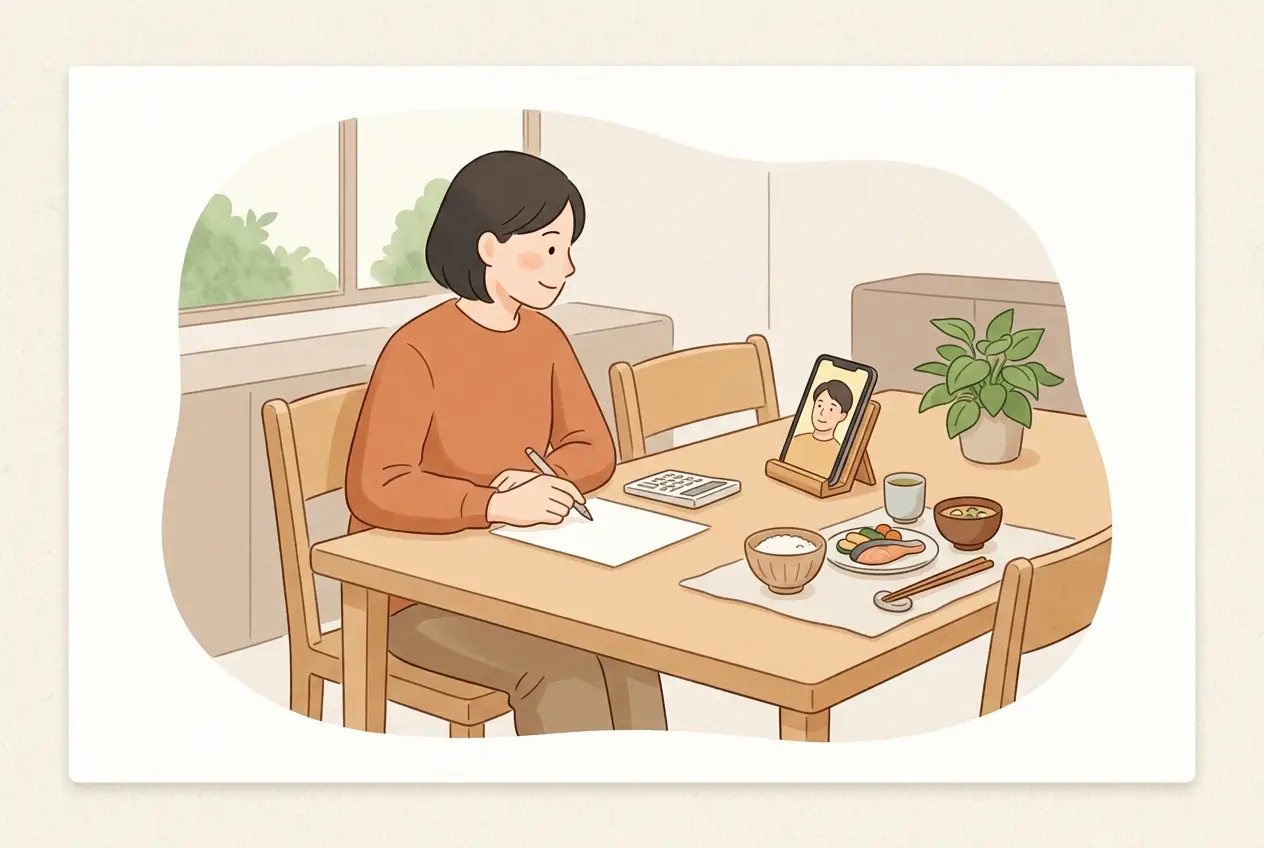 食卓で、女性が費目を書いた紙と電卓を前に、夫とビデオ通話で話している