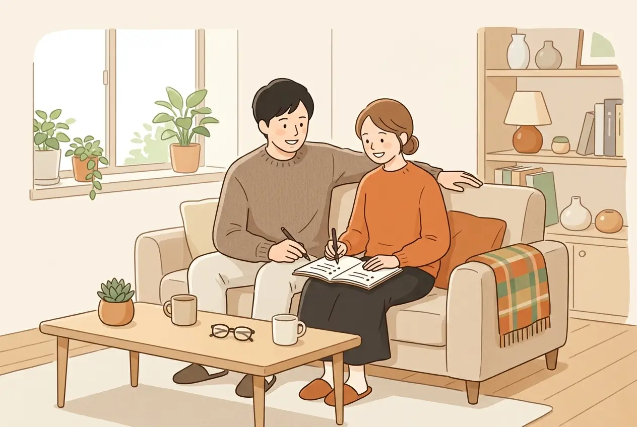 リビングで、夫婦が並んで座り、ノートに費目を書き出している