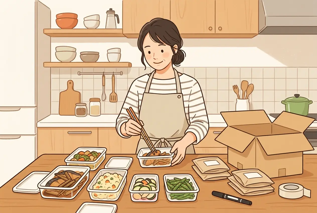台所で、女性が手作りのおかずを冷凍用の容器に詰めている