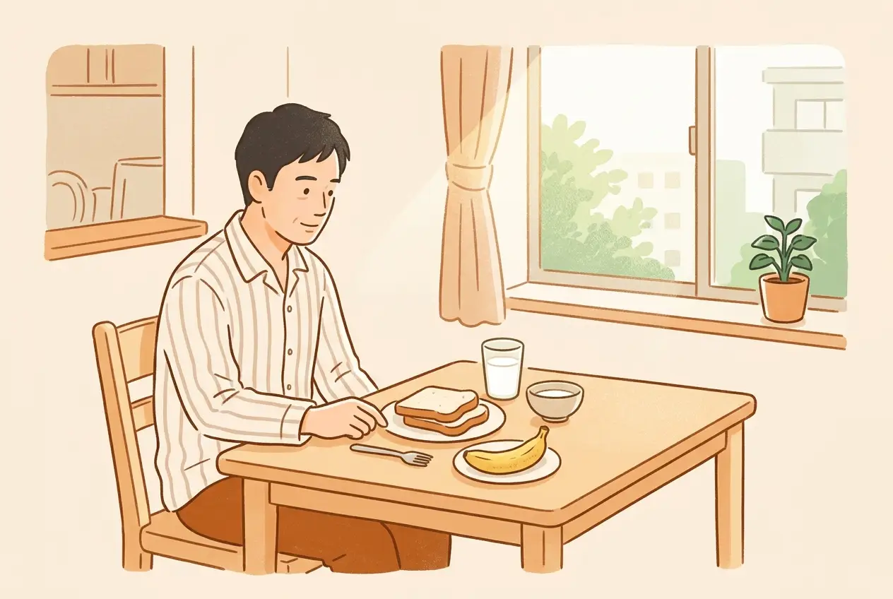朝の食卓で、パンと牛乳と果物を並べている男性