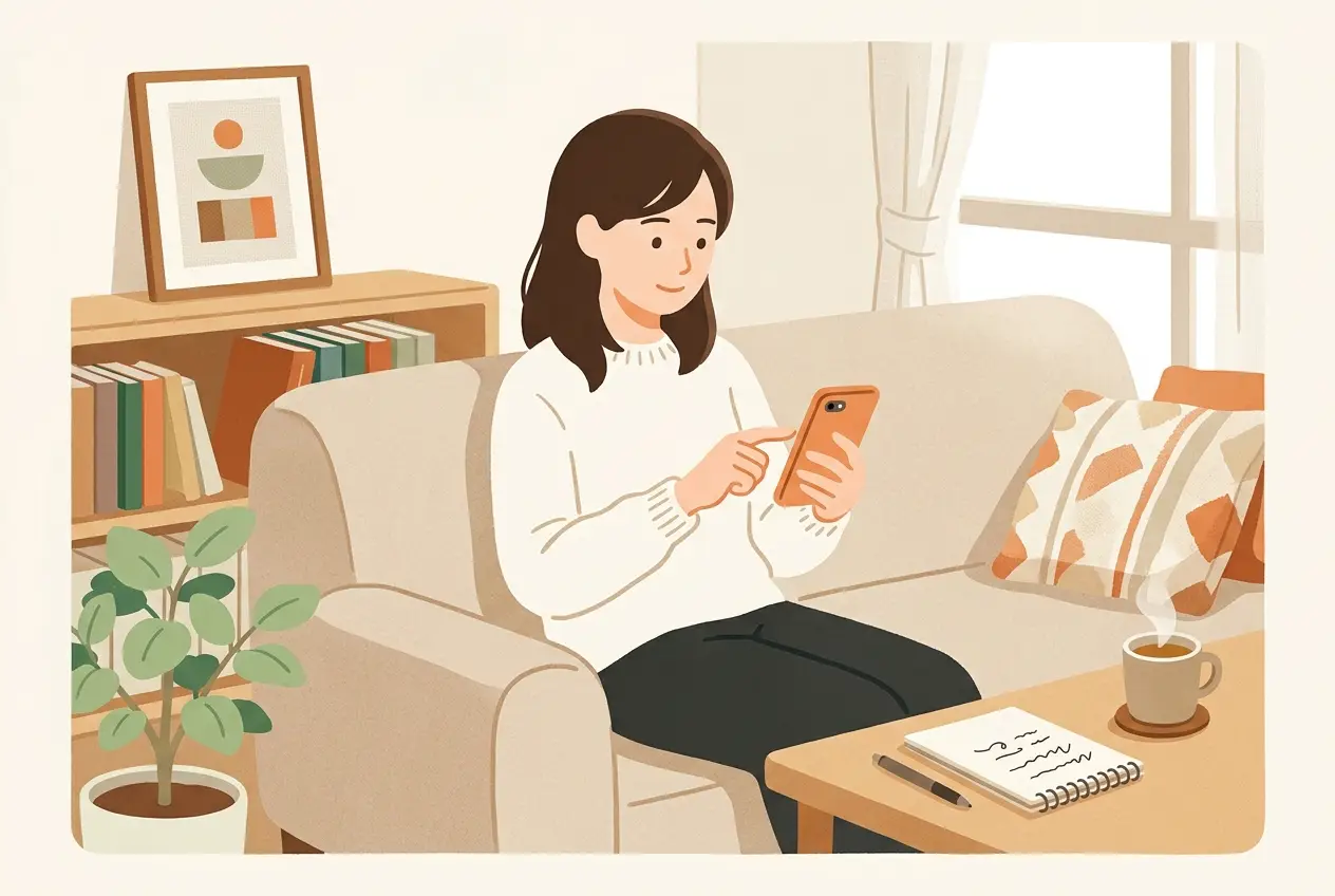 スマートフォンで宅食の届け先に夫の住所を入れている女性