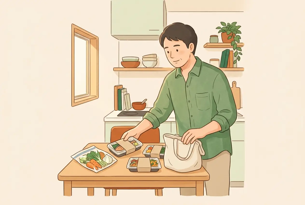 スーパーの惣菜とカット野菜の袋を、台所の机に並べている男性