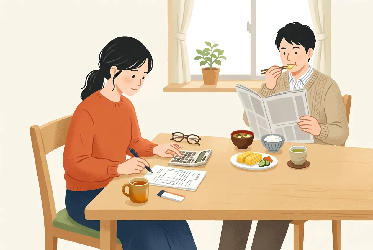 食卓で、女性が夫の給与明細を見ながら電卓で計算している