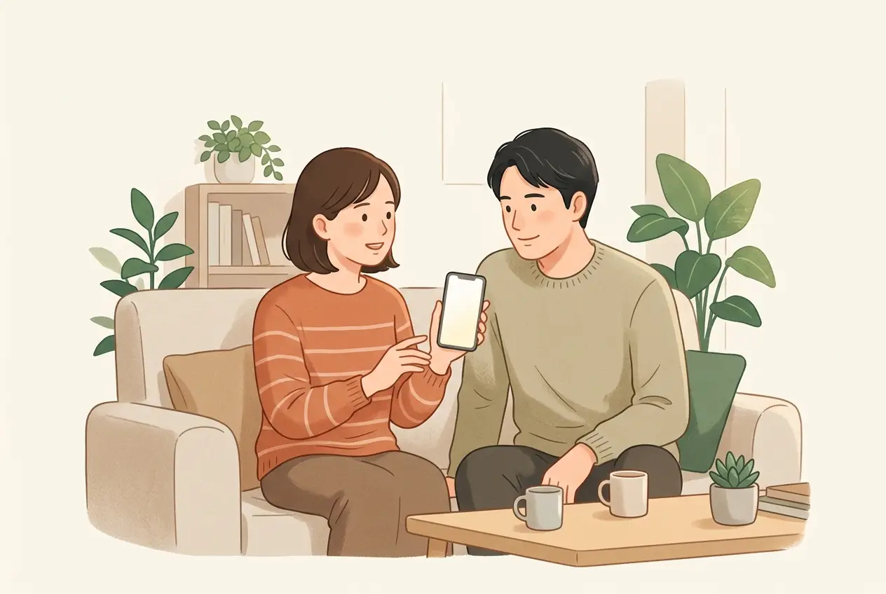 リビングで、女性がスマホのメモを見せながら夫と赴任の規程について話している