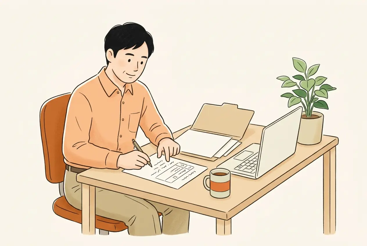 会社の机で、男性が単身赴任の届出書類に記入している
