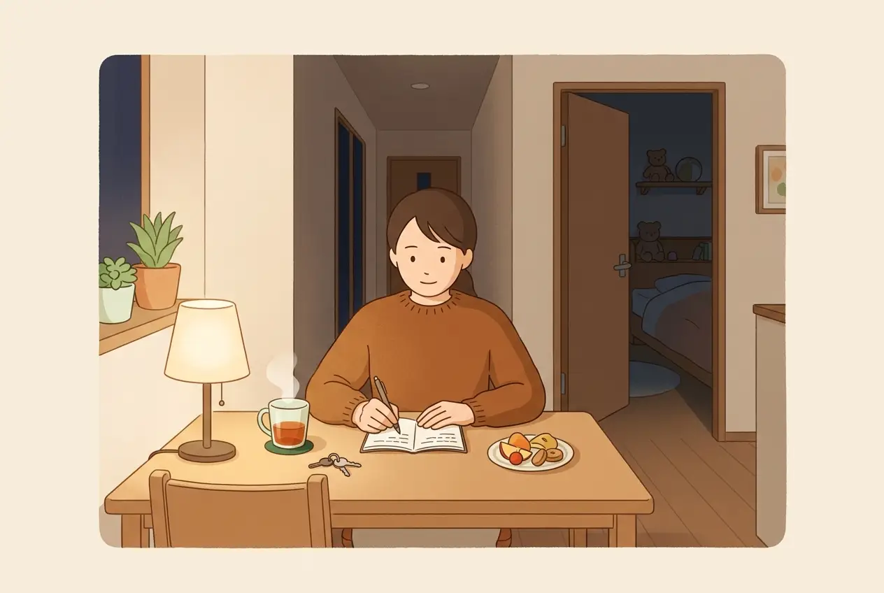 子どもが寝たあとの食卓で、最近の眠りや気分をメモに書き出している女性