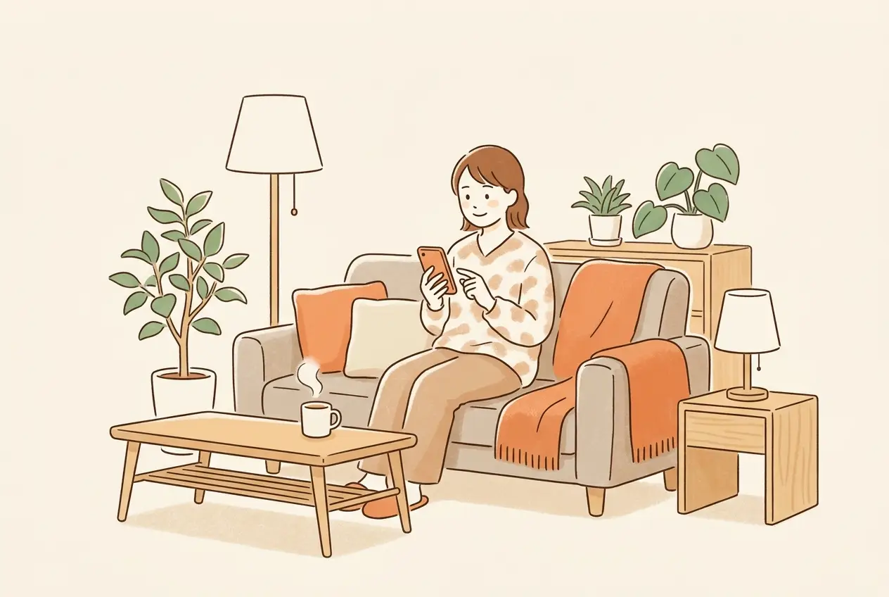夜のリビングで、子どもの寝顔を確かめてからソファでスマートフォンを手に取る女性