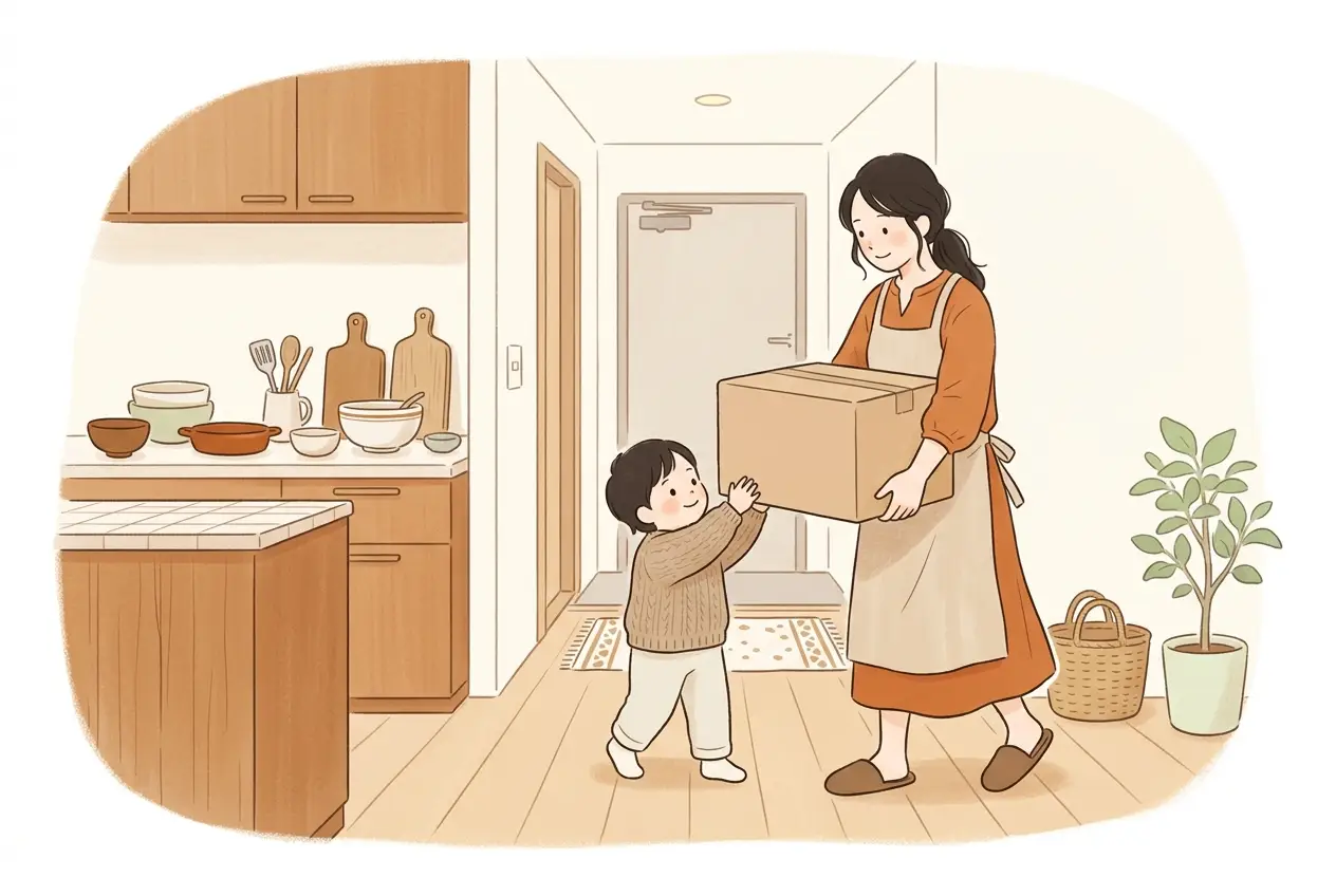 玄関に届いた食材の箱を、子どもと一緒に台所へ運んでいる母親