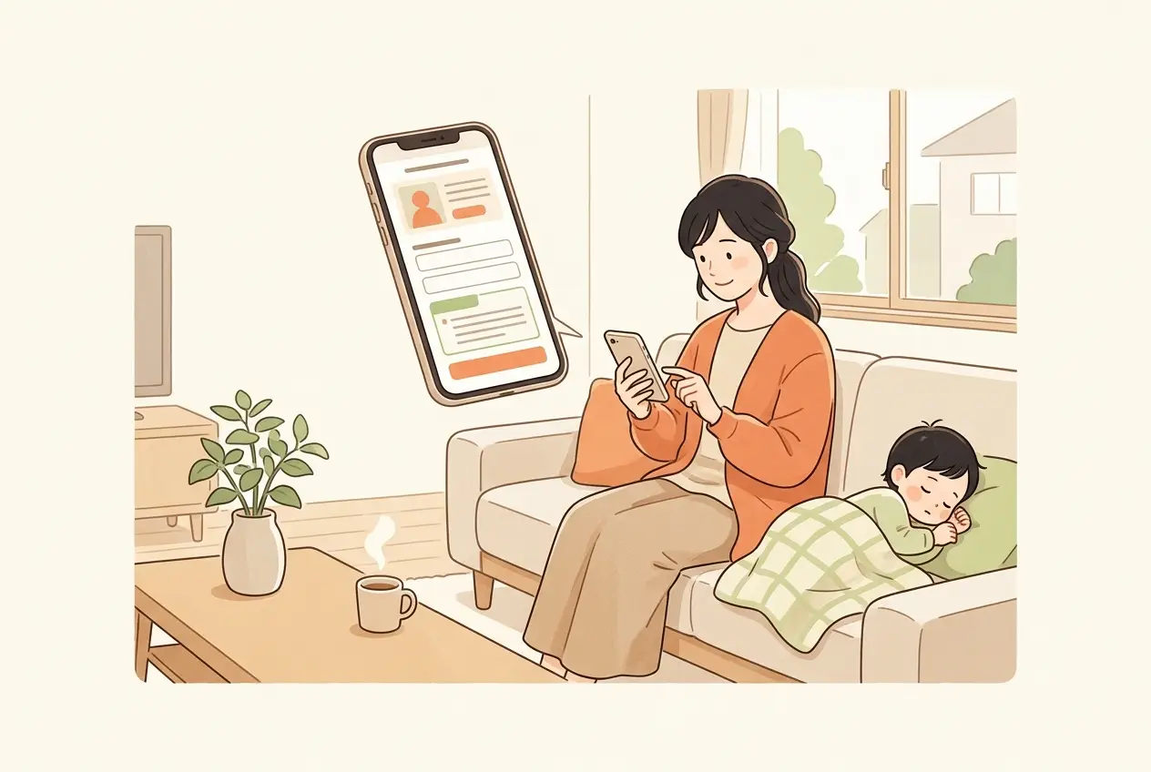 市区町村の子育て支援のページを見ながら、スマートフォンで預け先に登録している女性