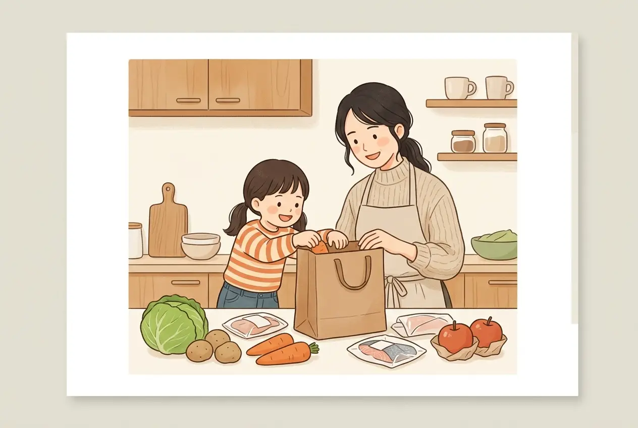 届いた食材セットを、子どもと一緒に台所で袋から取り出している母親