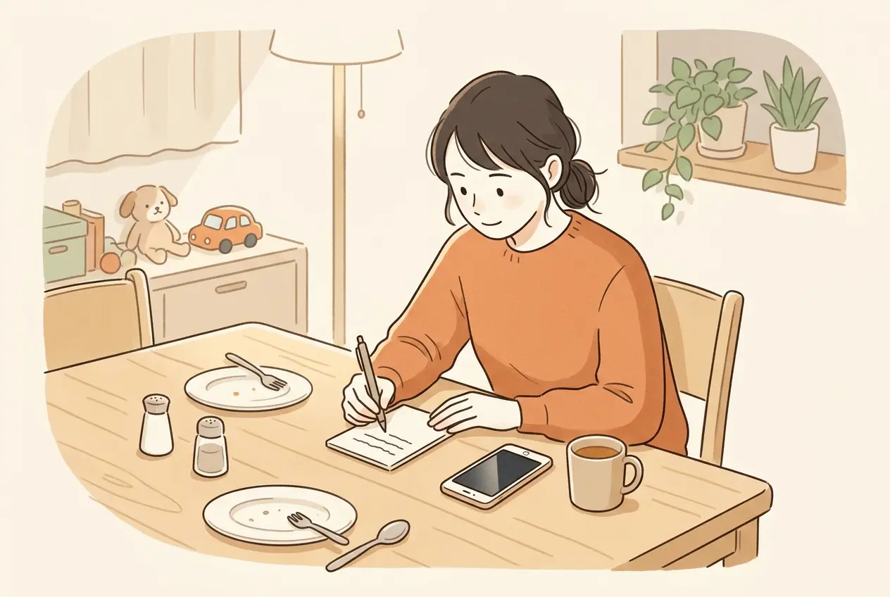 子どもが寝たあとの食卓で、夫に頼むことをメモに書き出している女性