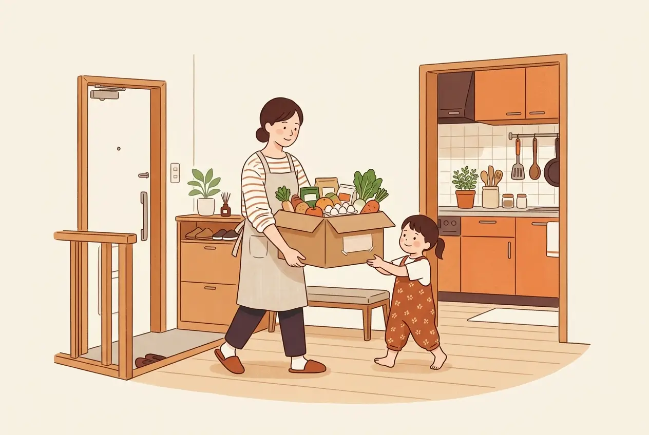 玄関先に届いた食材の箱を、子どもと一緒に台所へ運んでいる母親