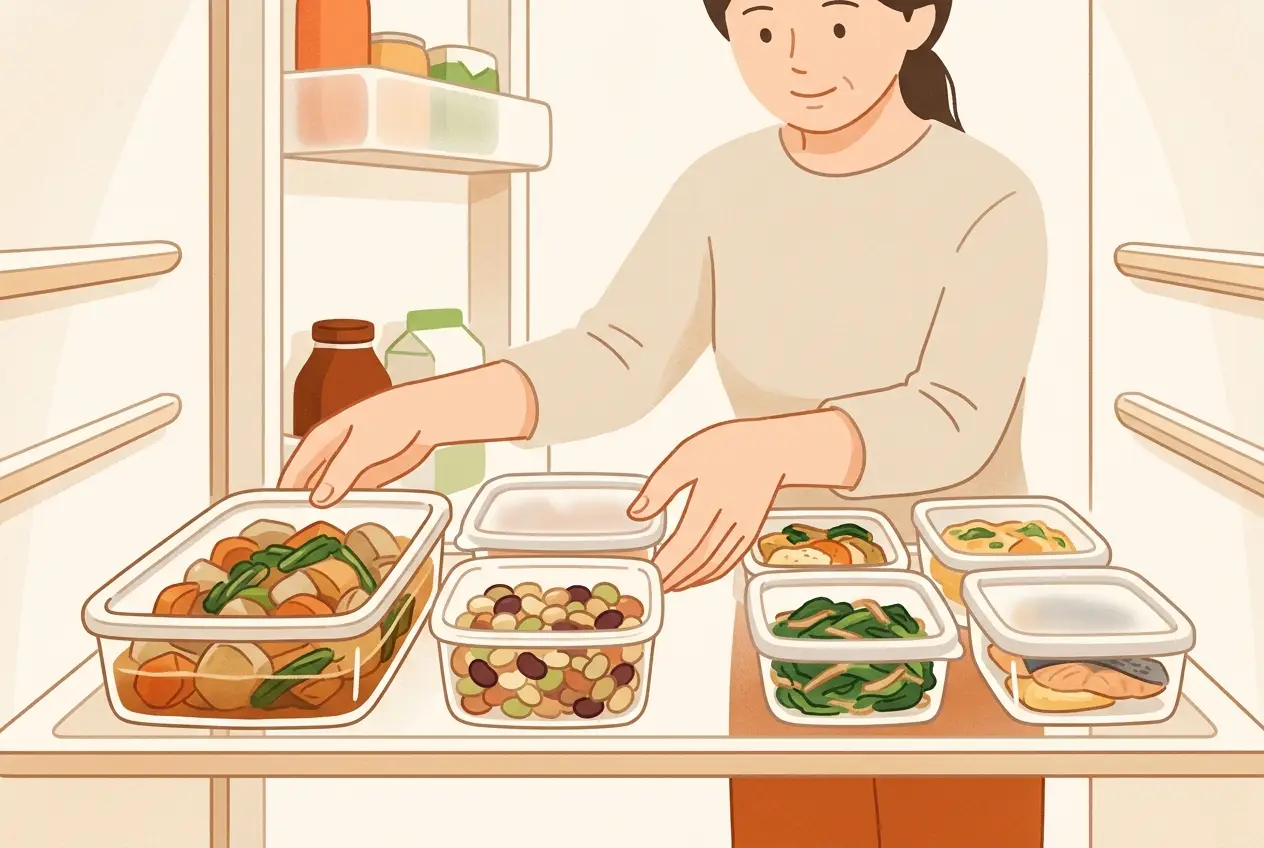 届いた作り置きのおかずの容器を、冷蔵庫の棚に並べている台所
